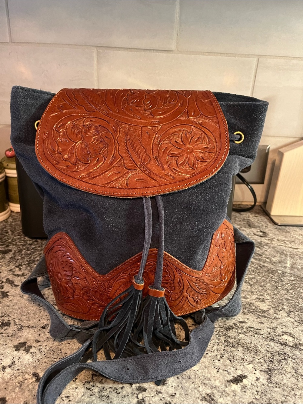 Crosstree lane genuine hand carved leather and Navy suede backpack